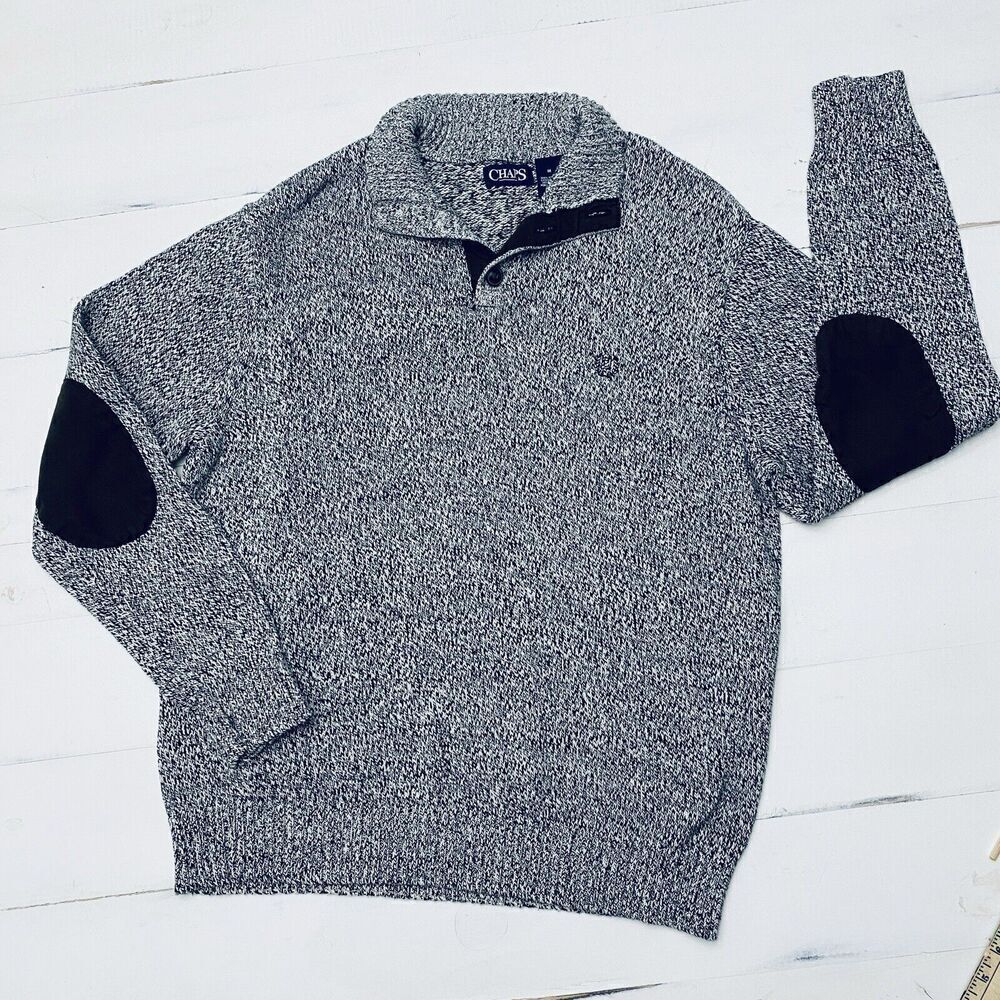 Chaps Black White Chunky Knit 1/4 Button Elbow Patches Sweater Mens Size Med